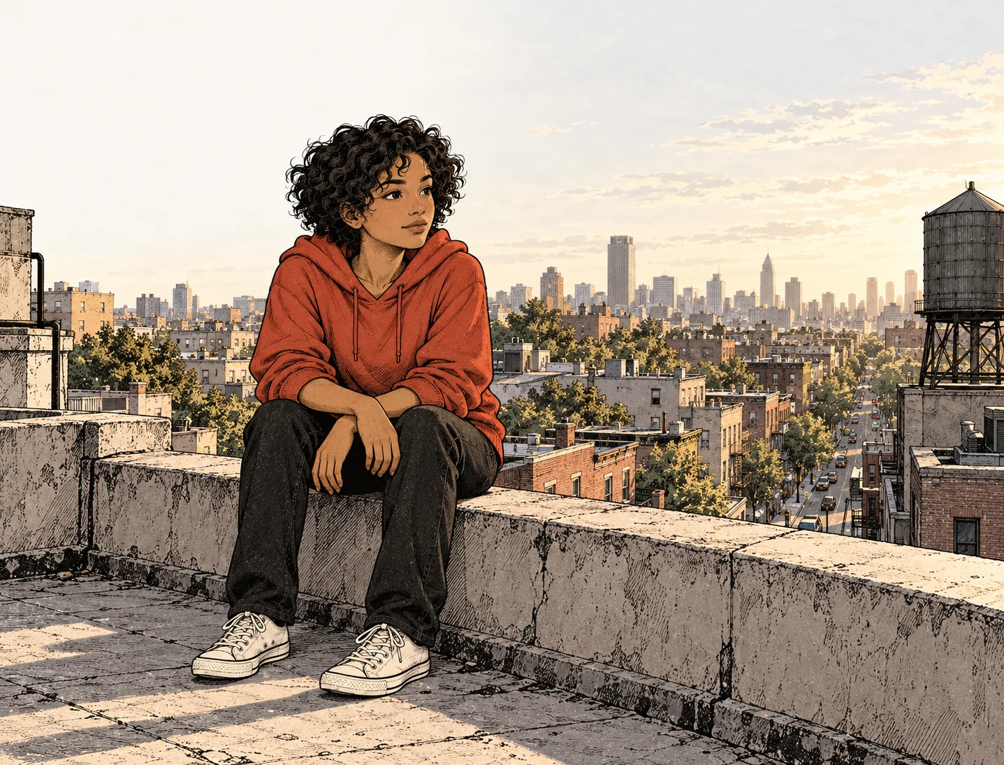Mena sits on a rooftop, looking across the city in her red hoodie.