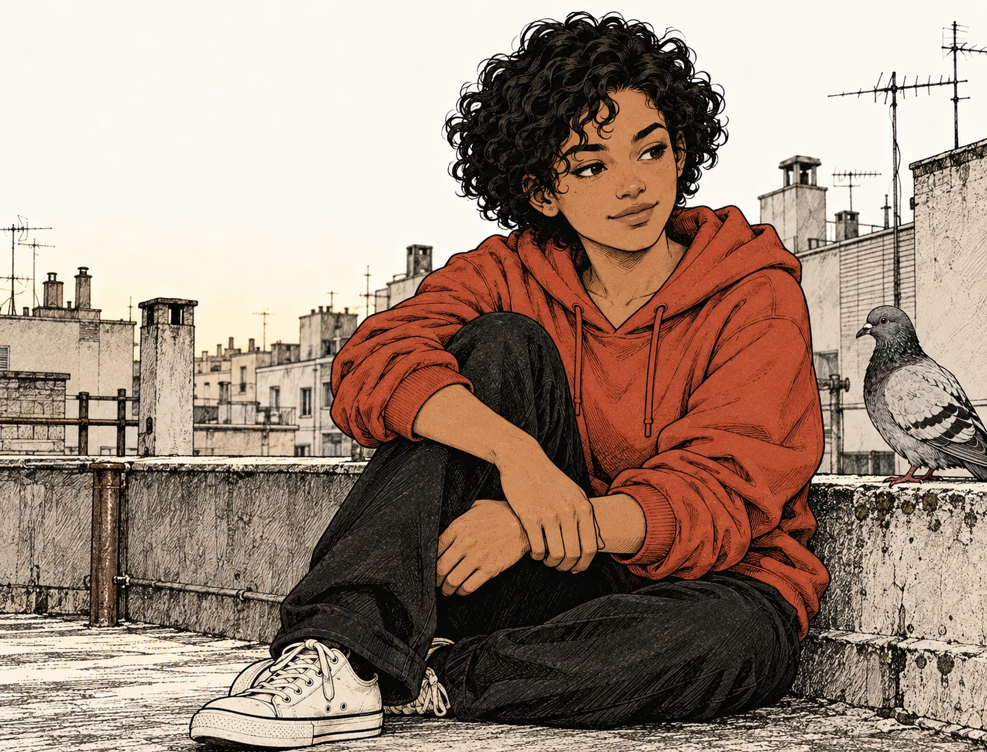Close-up of Mena noticing a pigeon beside her on the parapet.