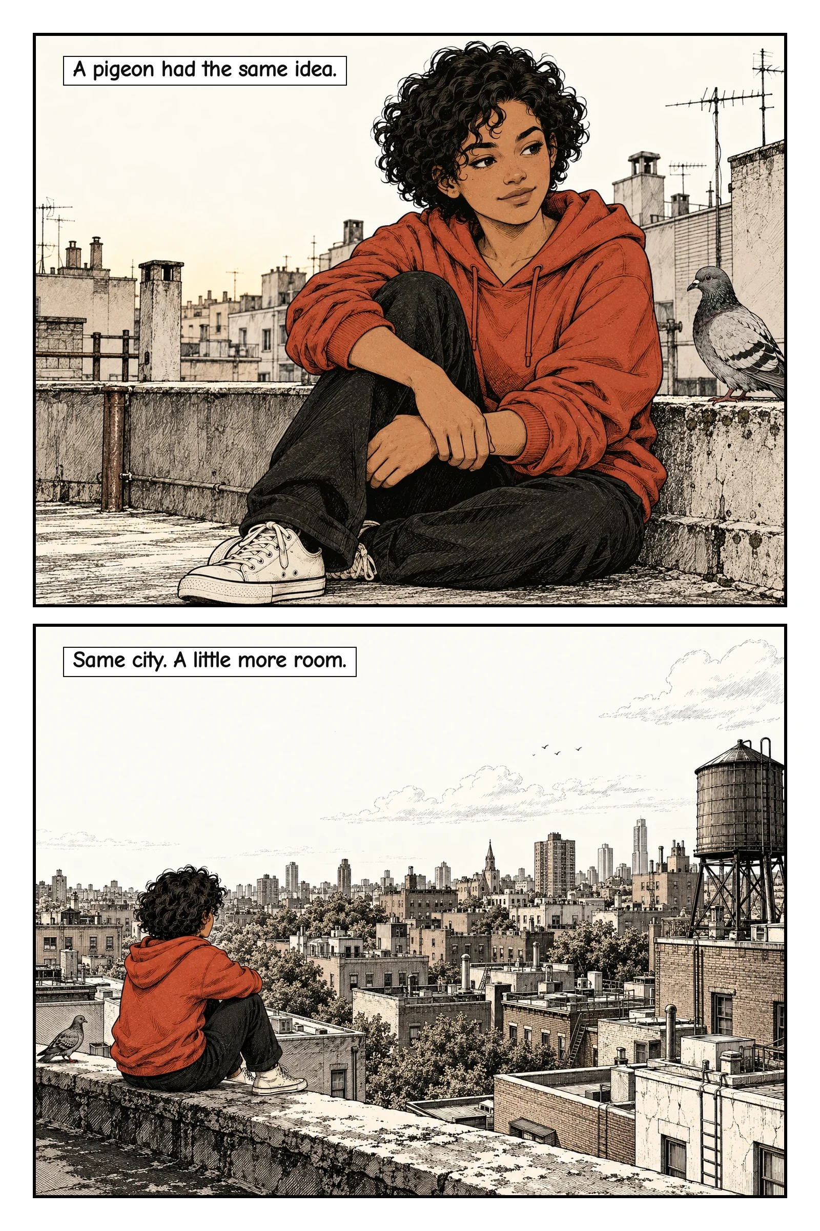 Page two of Rooftop Stories, with two ink panels and captions added by Comic Sol.
